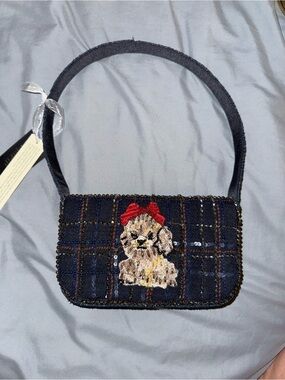 Beaded and Velvet Dog with Red Bow Shoulder Bag Handmade in India New with Tags